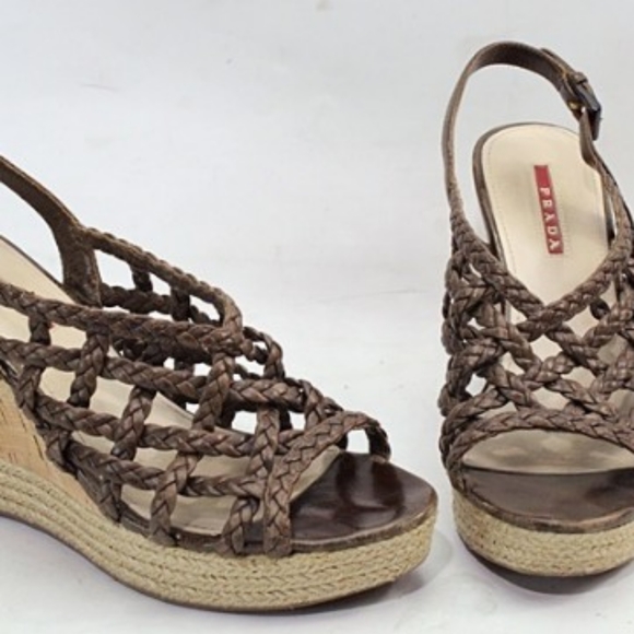 Prada Linea Rossa Shoes - Prada LINEA ROSSA Brown Leather Wedge Sandal 6.5